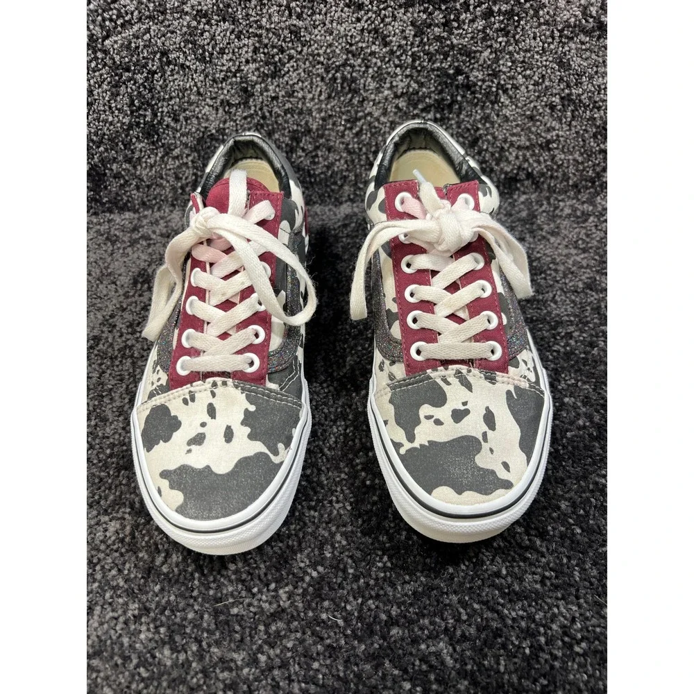 Vans Old Skool Custom Cow Print Glitter Stripe Burgundy Heel Sneakers 6M/7.5W